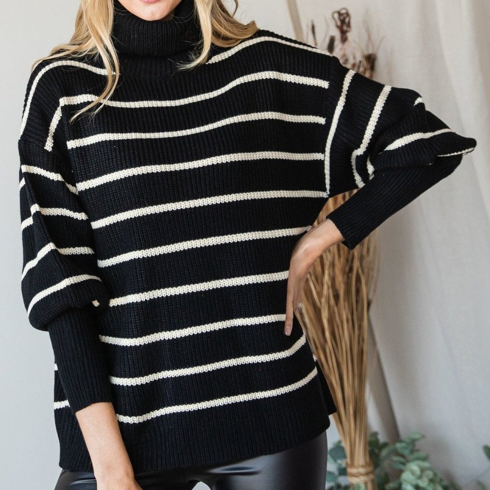 Womens Black Heavy Knit Striped Turtle Neck Comfort And Stylist Knit Sweater NWT